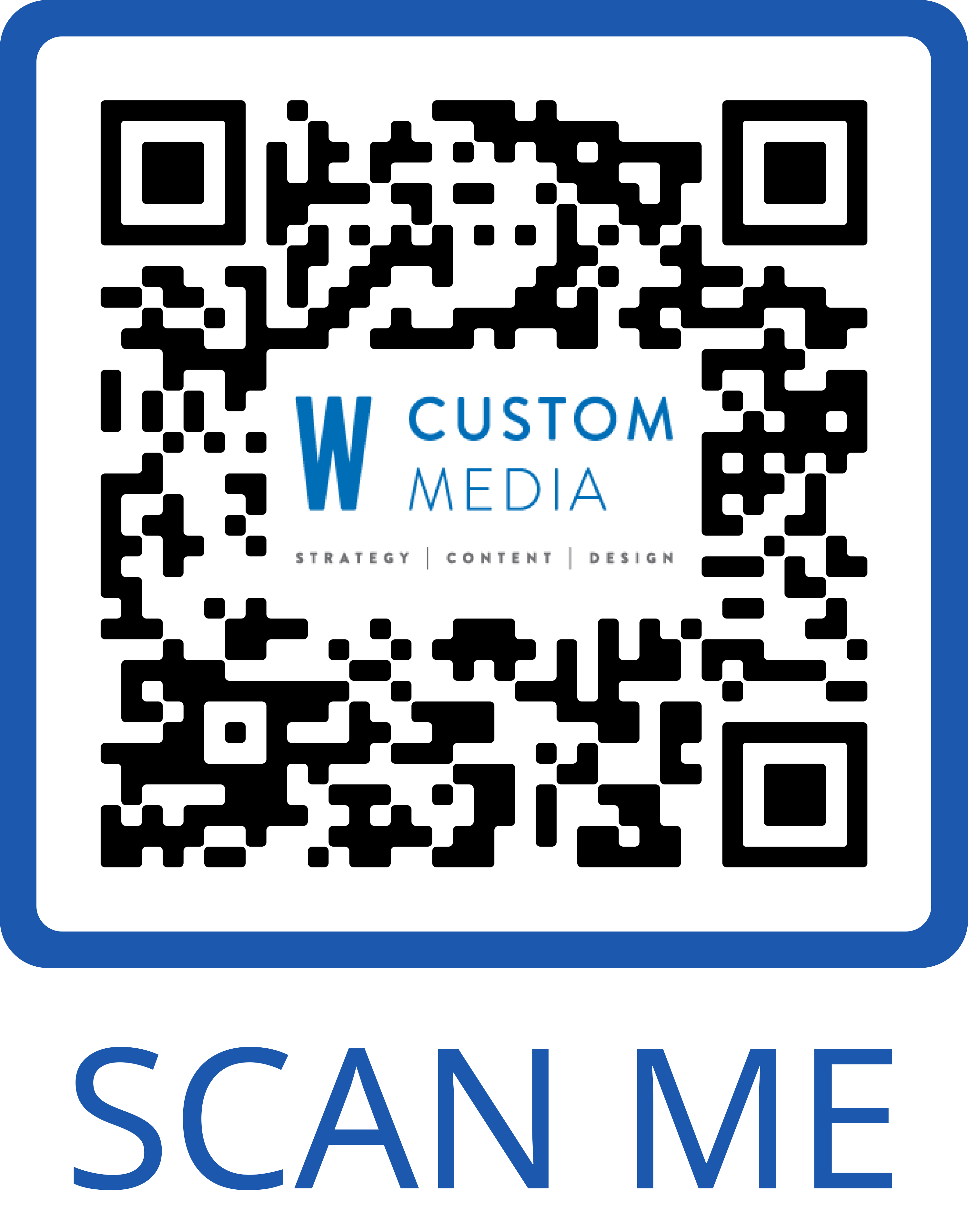 An example of QR codes, with the WCM logo in the middle, with the words scan me below it