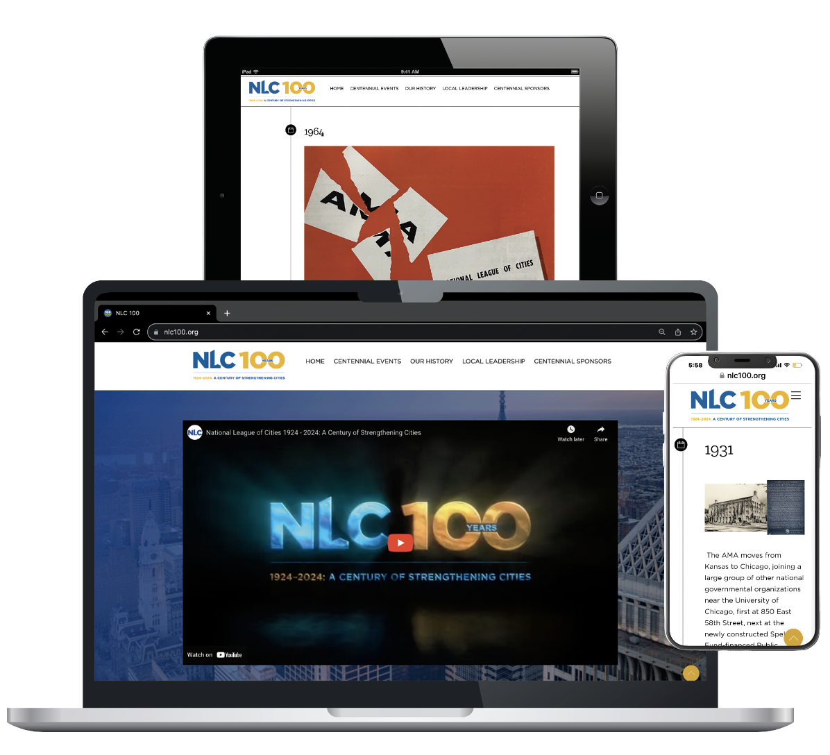 The NLC 100th anniversary website on a tablet, laptop, and mobile phone screen.